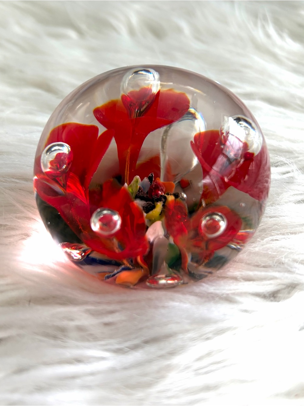Hand-Blown Glass Floral Paperweight in Red